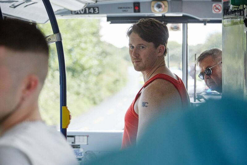 Shane Casey as Cork 'headcase' Billy Murphy in the bus episode of The Young Offenders. Photographer: Miki Barlok
