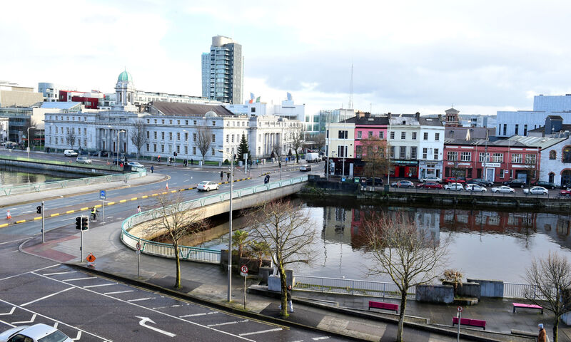 View of City Hall and Union Quay from a South Mall facing bedroom at The Maldron Hotel. Pic; Larry Cummins