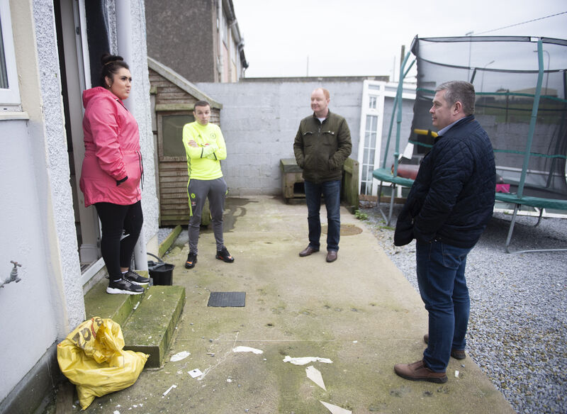 Cllr. Mick Nugent and Cllr. Kenneth Collins chatting with Killala Gardens residents Amanda Feeney and her partner Damian O’Mahony who are having terrible issues with rats due to illegal dumping in the area. Picture Dan Linehan