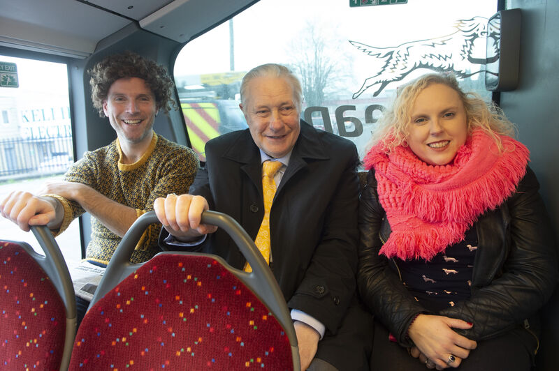 ON THE BUSESCCCahoots comedy members Tadhg Hickey and Laura O’ Mahony on the bus with passenger Donal Moore. Picture Dan Linehan