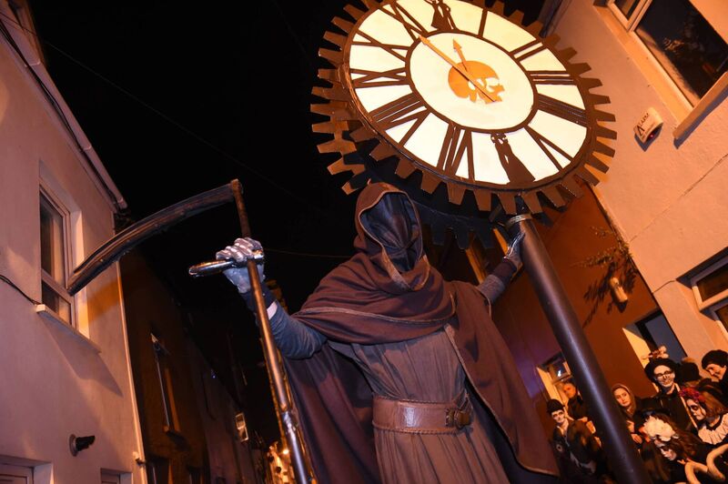 The Grim Reaper arrives with minutes to spare, for the parade, starting from Shandon Street. The Grim Reaper arrives with minutes to spare, for the parade, starting from Shandon Street.