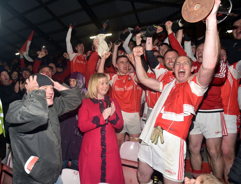 Dromtarriffe captain Seamus O'Sullivan raises the Donal O'Sullivan cup, watched by coach Kieran Creed (left) after defeating Kilmacabea. Picture: Eddie O'Hare Dromtarriffe captain Seamus O'Sullivan raises the Donal O'Sullivan cup, watched by coach Kieran Creed (left) after defeating Kilmacabea. Picture: Eddie O'Hare