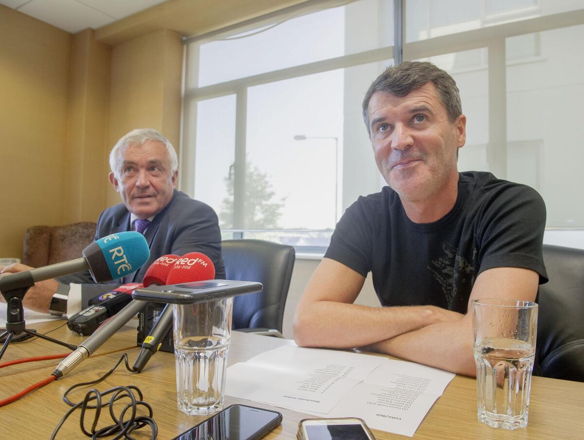 Michael O’Flynn, chairman of the organising committee, and Roy Keane pictured at the announcement in Cork of the full list of players taking part in the Manchester United v Republic of Ireland/Glasgow Celtic selections who will line out in Páirc í Chaoimh on 25 September for the Liam Miller Tribute Match.Pic Daragh Mc Sweeney/Provision