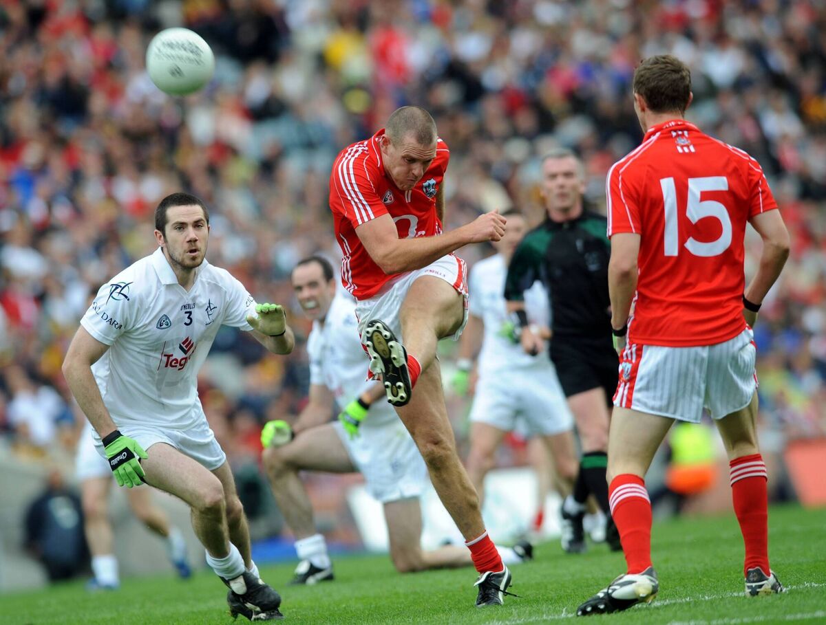 Pearse O'Neill kicking a great point against Kildare. Picture: Dan Linehan