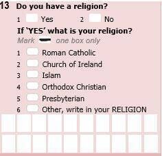 One of the new questions on religion being trialled in Cork through a sample census of 450 homes. One of the new questions on religion being trialled in Cork through a sample census of 450 homes.
