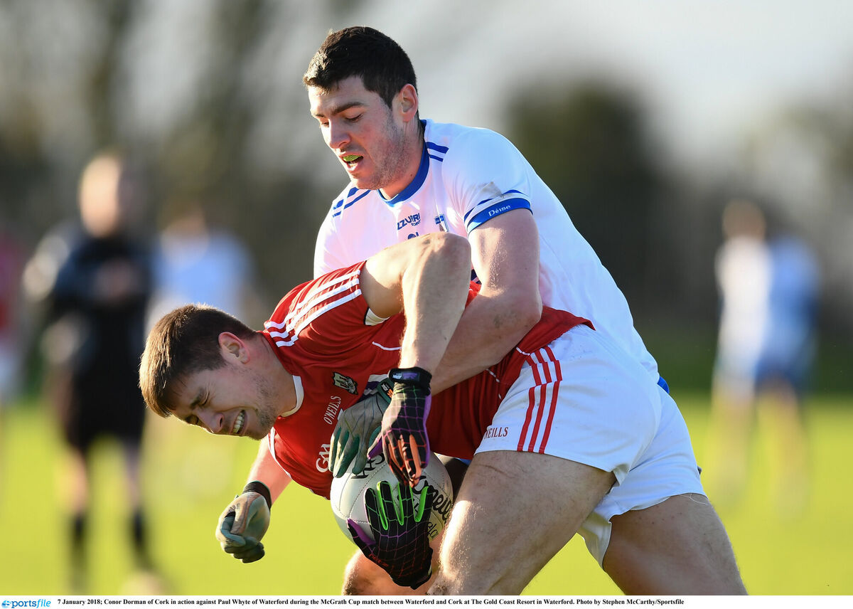 Conor Dorman of Cork in action against Paul Whyte of Waterford. Picture: Stephen McCarthy/Sportsfile