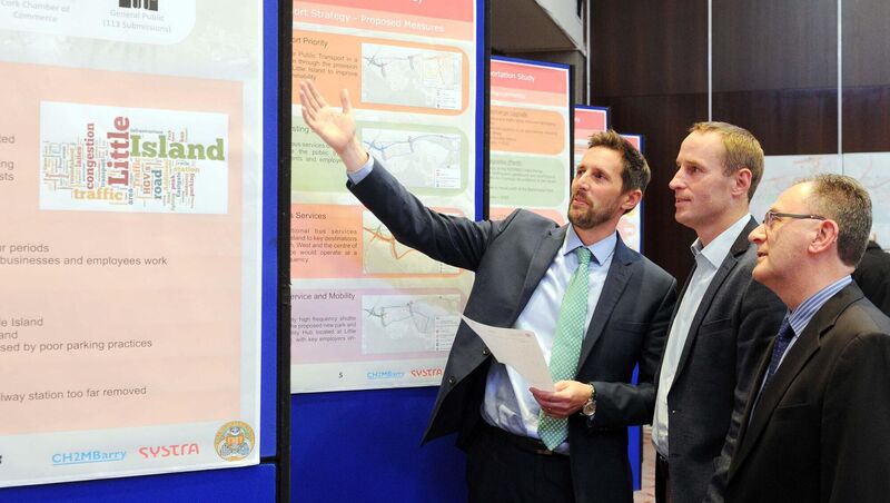 At the second round public consultation of the Little Island Transportation Study held in the Radisson Blu Hotel, Little Island, Co. Cork, were (from left) Andrew Archer, Systra Consultants; Cormac Ó Súilleabháin, Cork County Council, and Peter O'Donoghue, traffic & transport, Cork County Council.Picture Denis Minihane.