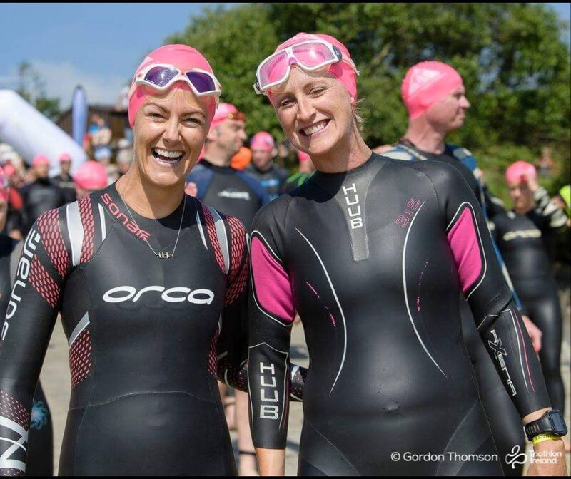 A JOURNEY BACK TO FITNESS: Fiona O’Donnell, left on both photos, and Grainne O’Keefe, who took part in the Schull Triathlon, just nine months after the kidney transplant operation.