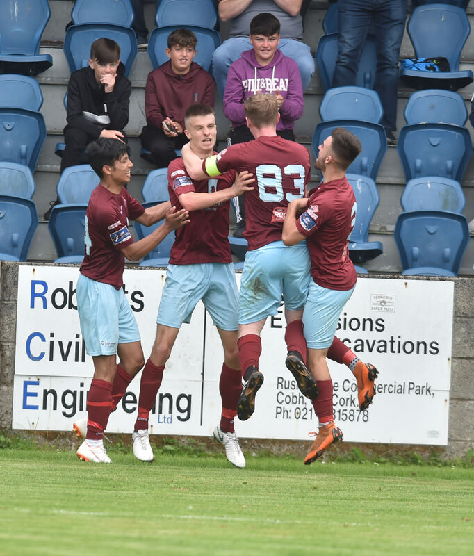 Cobh Ramblers' Chris Hull celebrates his goal with Denzil Fernandes, Shane O'Connor and Kevin Taylor. Picture: Eddie O'Hare