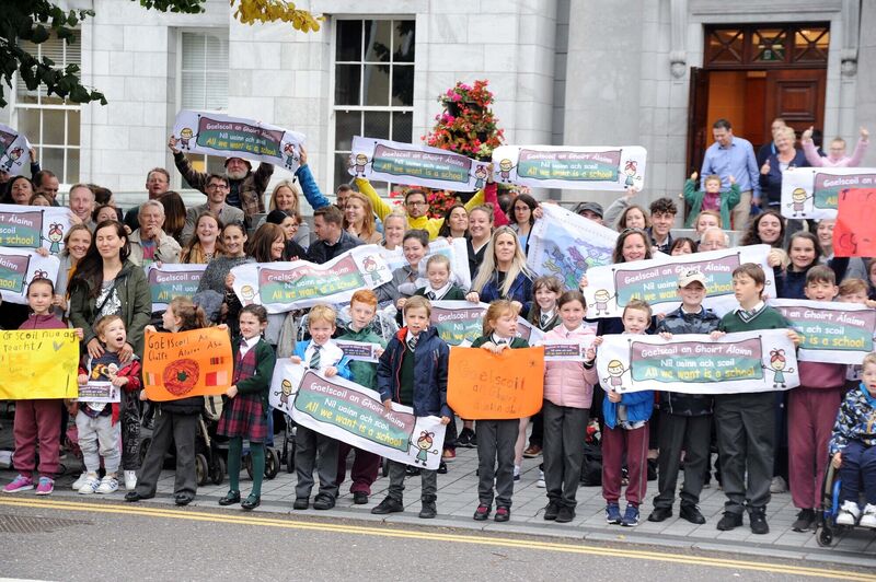 Some of those taking part in a show of support outside City Hall, prior to a meeting of Cork City Council, for Gaelscoil an Ghoirt Álainn, Mayfield, by parents, pupils, family members and staff of the school in relation to the construction of the new school building. Picture: Denis Minihane. Some of those taking part in a show of support outside City Hall, prior to a meeting of Cork City Council, for Gaelscoil an Ghoirt Álainn, Mayfield, by parents, pupils, family members and staff of the school in relation to the construction of the new school building. Picture: Denis Minihane.