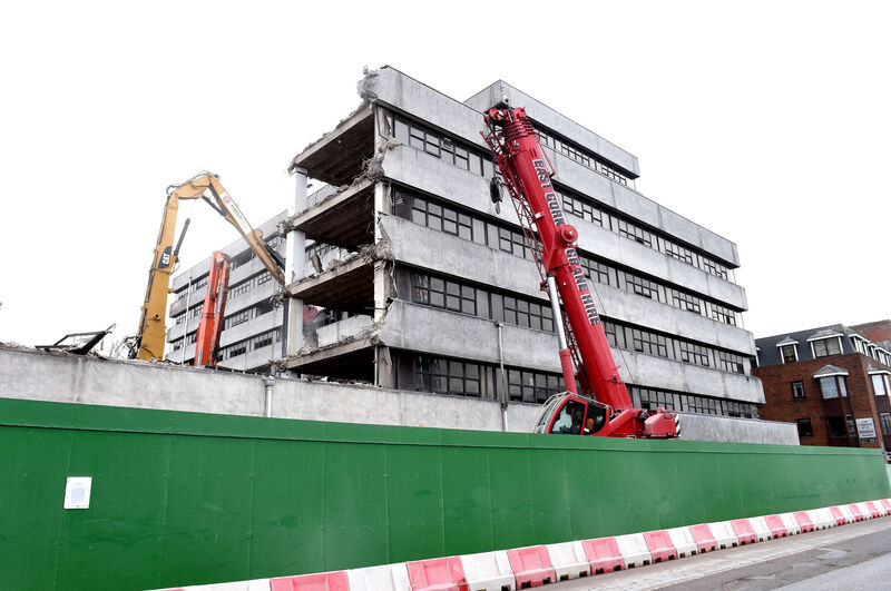 Demolition of the old tax offices/ FAS building on Sullivan's Quay by O'Kelly Bros demolition contractors. Pic; Larry Cummins