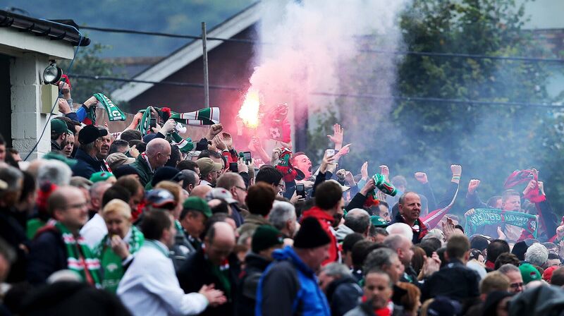 Cork supporters celebrate the goal in City's 2015 FAI Cup semi-final win up in Bray. Picture: INPHO/Donall Farmer