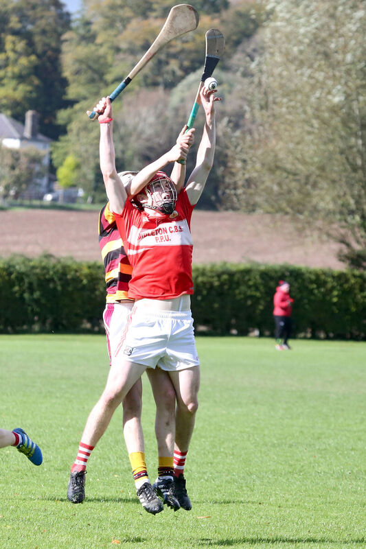 CBS Midleton’s Darragh Moran gets the ball ahead of De La Salle College Waterford’s Alan Kirwin. Picture: John Hennessy