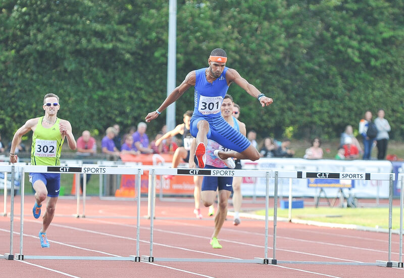 Javier Culson, (PUR) clears the final hurdle to win the 400m hurdles. Picture: David Keane. Javier Culson, (PUR) clears the final hurdle to win the 400m hurdles. Picture: David Keane.