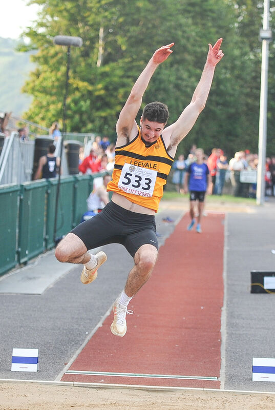 Sam Healy, Leevale AC, taking part in the men’s long jump. Picture: David Keane. Sam Healy, Leevale AC, taking part in the men’s long jump. Picture: David Keane.