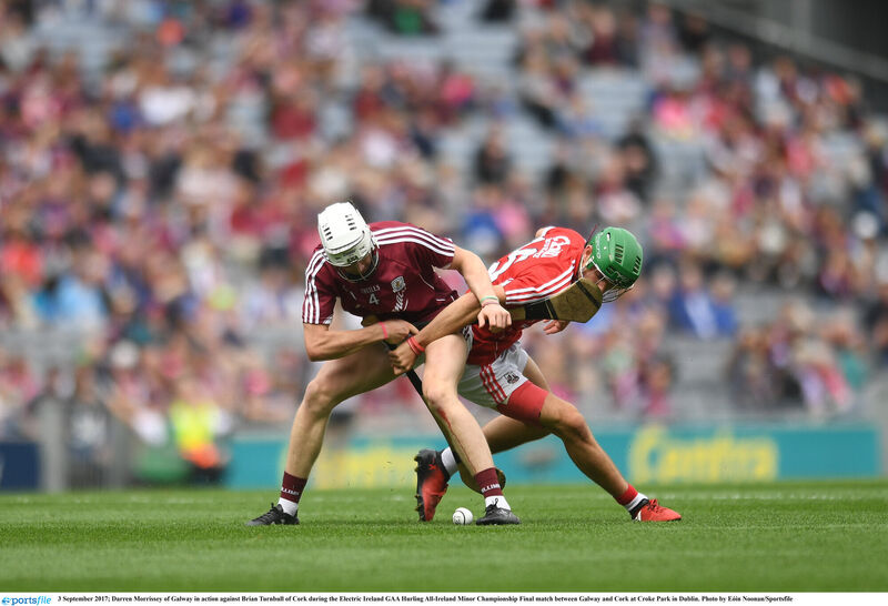 Darren Morrissey of Galway in action against Brian Turnbull. Picture: Eóin Noonan/Sportsfile
