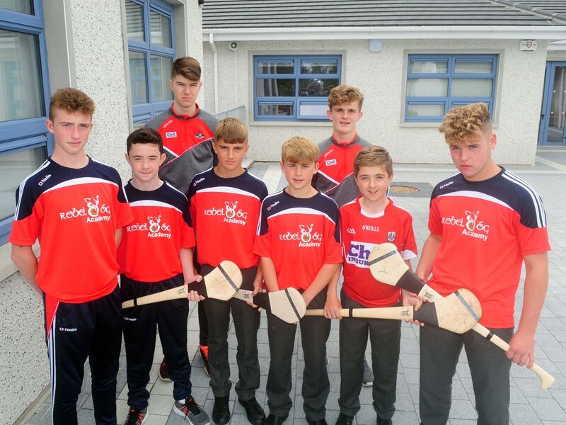Six members of the Rebel Óg U14 hurling development squad (front from left) Sean Ó Mathúna, Cian Ó Conaire, Micheál Ó Maoláin, Micheál Ó Rinn, Ben Ó Conaill and Ryan Ó Loingsigh at Gaelcholáiste Mhuire AG, pictured with minors Craig Hanafin and Daire Connery. Picture: Denis Minihane.