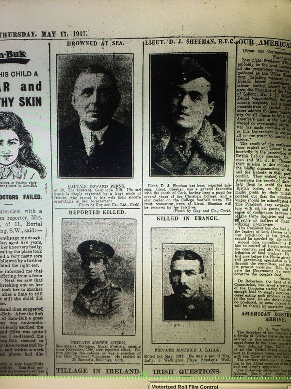 AN UNFOLDING TRAGEDY: The pages of the Evening Echo in May, 1917 (above and below) were filled with announcements of the deaths of Cork soldiers in World War I, then in its third year