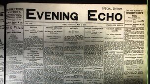 <p>A CENTURY AGO: The front page of the Evening Echo on May 5, 1917 — adverts had been relegated to the sidelines and the main headline declared ‘The War’</p>