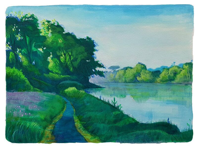 A painting by Constance Roberts featuring a view from Carrigaline Park across from the Crosshaven walk 
