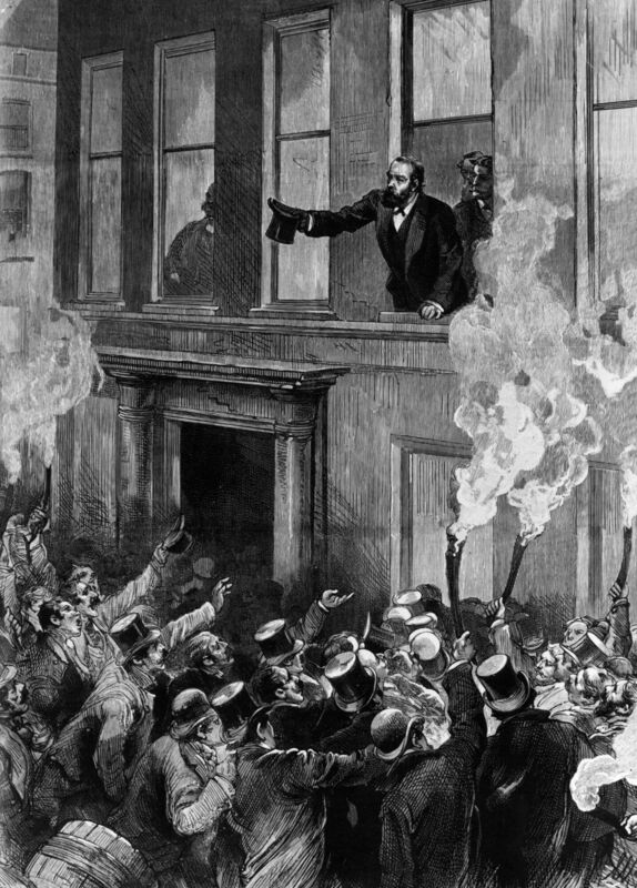 Charles Stewart Parnell addressing his constituents from a window of the Victoria Hotel in Cork. Photo by HultonArchive/Illustrated London News/Getty Images.