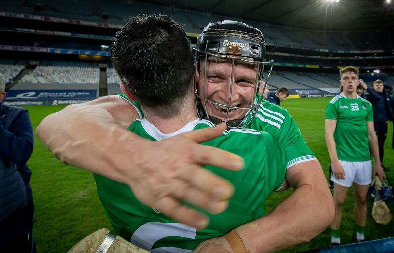 Limerick’s Declan Hannon and Peter Casey celebrate winning the All Ireland Hurling Final