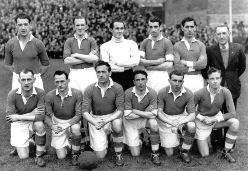 Cork Athletic were beaten in the second replay of the FAI Cup final by Transport in 1950. Pictured here prior to the first match. Back: Florrie Burke, Dave Noonan, Tommy Healy, Frank Cantwell, Jackie Lennox, Tim Beckett Murphy. Front: Paddy O'Leary, Morty Broderick, Jackie O'Reilly, Georgie Warner, Johnny Vaughan. Cork Athletic were beaten in the second replay of the FAI Cup final by Transport in 1950. Pictured here prior to the first match. Back: Florrie Burke, Dave Noonan, Tommy Healy, Frank Cantwell, Jackie Lennox, Tim Beckett Murphy. Front: Paddy O'Leary, Morty Broderick, Jackie O'Reilly, Georgie Warner, Johnny Vaughan.