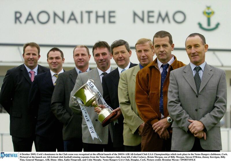 Nemo Rangers' All-Ireland club football winning captains: Colin Corkery, Briain Morgan, son of Billy Morgan, Steven O'Brien, Jimmy Kerrigan, Billy Finn, General Manager, AIB, Dinny Allen, Ephie Fitzgerald, and Colm Murphy. Picture: Brendan Moran/SPORTSFILE 