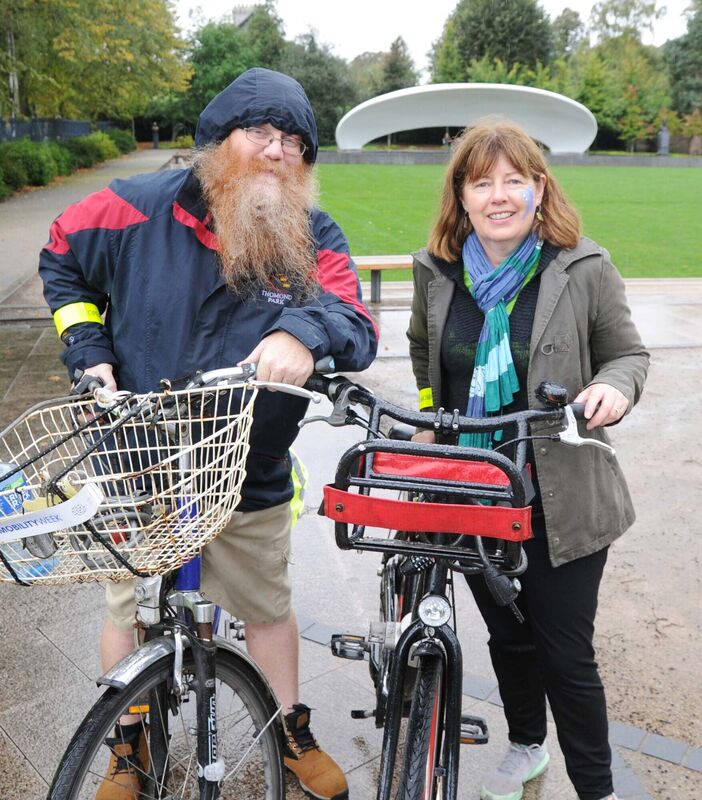 Darren McAdam-O'Connell, Cork Environmental Forum, and Bernie Connolly, Cork Environmental Forum, taking part in the Rebel Pedal family fun cycle.