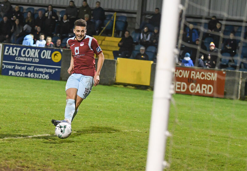  Cobh Ramblers' Jaze Kabia hits the net. Picture: David Keane.