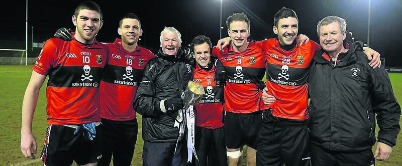 UCC manager Billy Morgan celebrates with Nemo’s Luke Connolly, Kevin Fulignati, Alan Cronin, David Nation, Jack Horgan and Charlie McLaughlin after the Sigerson Cup final win over UUJ in 2014. Picture: Oliver McVeigh/SPORTSFILE