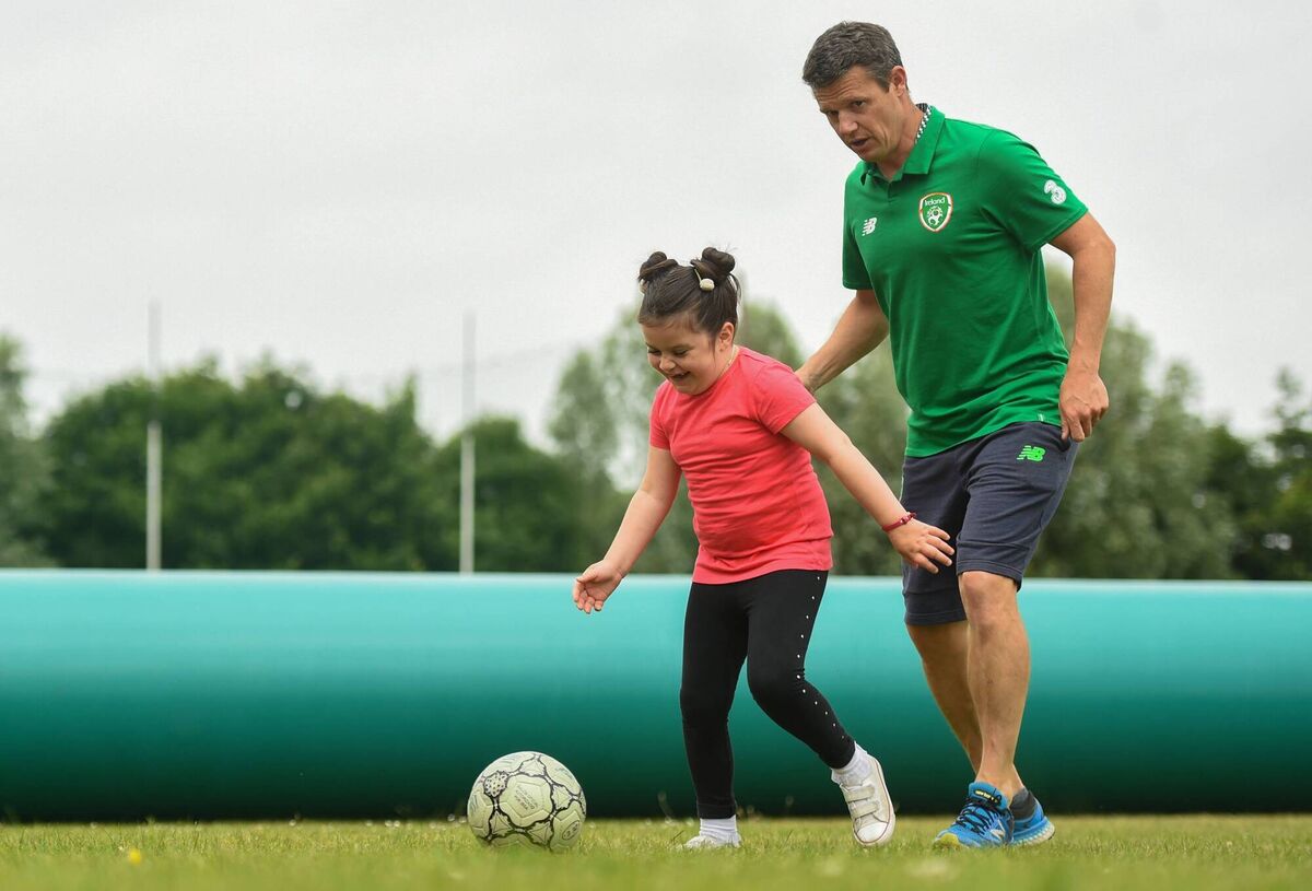 The FAI’s Nick Harrison taking part in a blind football training session with children at St Joseph's School for the Blind in Dublin. The FAI’s Nick Harrison taking part in a blind football training session with children at St Joseph's School for the Blind in Dublin.