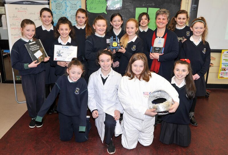 Teacher Sr Margaret Daly back in 2016, with members of the SMB 17 Stem Team from Scoil Mhuire Banrion, Mayfield and their robot Lola, who took part in the VEX IQ challenge. Picture: David Keane.