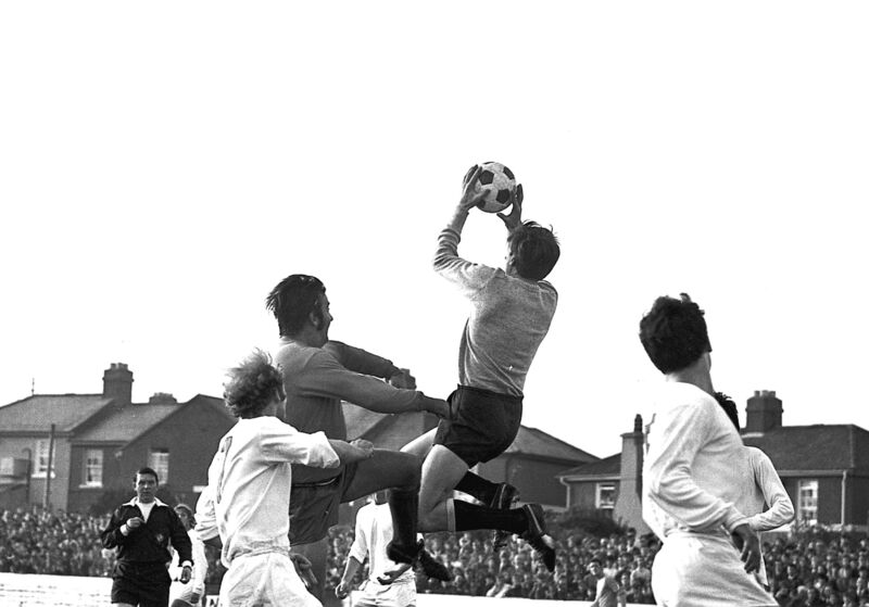 Cork Hibs goalkeeper Joe O'Grady grabs a Celtic corner in 1971.