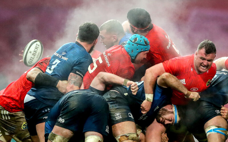 Munster’s Tadhg Beirne and Dave Kilcoyne with Caelan Doris of Leinster. Picture: INPHO/James Crombie