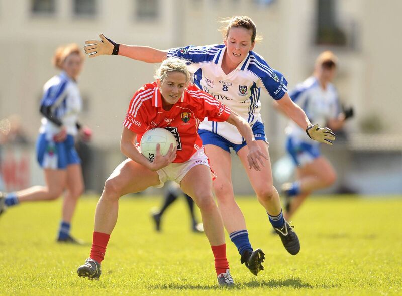 Juliet Murphy battles Amanda Casey, Monaghan. Picture: Paul Mohan/SPORTSFILE