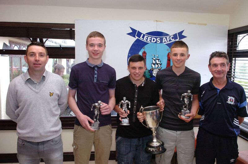 At the Leeds AFC Player awards in 2013 were Timmy Foley, Kyle McNamara, Timmy Crowley with managers Derek Falvey and Mick Hourihan. Picture: Larry Cummins.