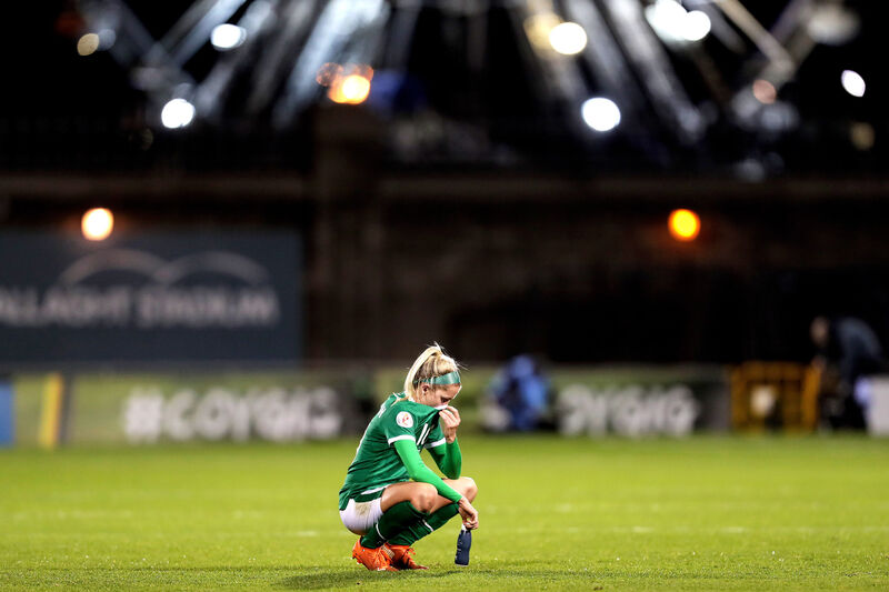 Ireland's Denise O'Sullivan dejected after defeat to Germany. Picture: INPHO/Laszlo Geczo