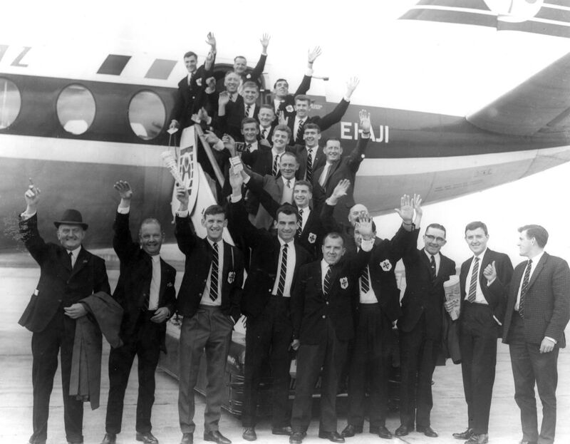 Cork Celtic at Cork Airport prior to departure for the European Cup Winners Cup match versus Slavia Sofia in 1964. Included are: Pat O'Mahony, Donie Leahy, Paul O'Donovan, John Coughlan, Sean Casey, Bill O'Herlihy, Gerry O'Sullivan, Liam O'Flynn, Mick Millington, Al Casey, Frankie McCarthy, Austin Noonan, Dan Spillane, Ray Cowhie, Kevin Blount, Seamus Madden, John Clifford. Cork Celtic at Cork Airport prior to departure for the European Cup Winners Cup match versus Slavia Sofia in 1964. Included are: Pat O'Mahony, Donie Leahy, Paul O'Donovan, John Coughlan, Sean Casey, Bill O'Herlihy, Gerry O'Sullivan, Liam O'Flynn, Mick Millington, Al Casey, Frankie McCarthy, Austin Noonan, Dan Spillane, Ray Cowhie, Kevin Blount, Seamus Madden, John Clifford.
