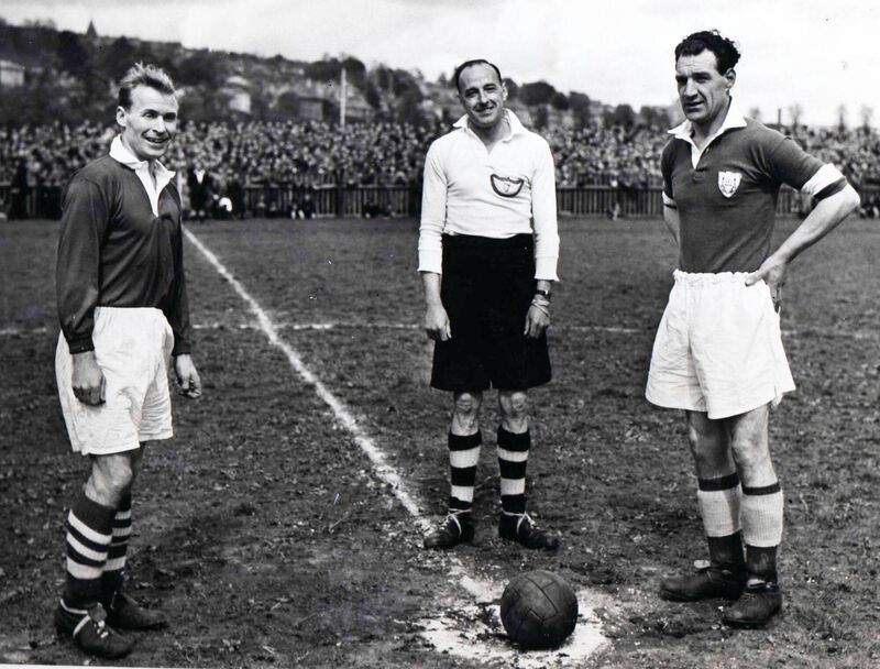 Rival captains Wilf Mannion (Middlesborough) and Florrie Burke (Cork Athletic) pictured before Florrie's testimonial at the Mardyke on Sunday, May 11, 1952.
