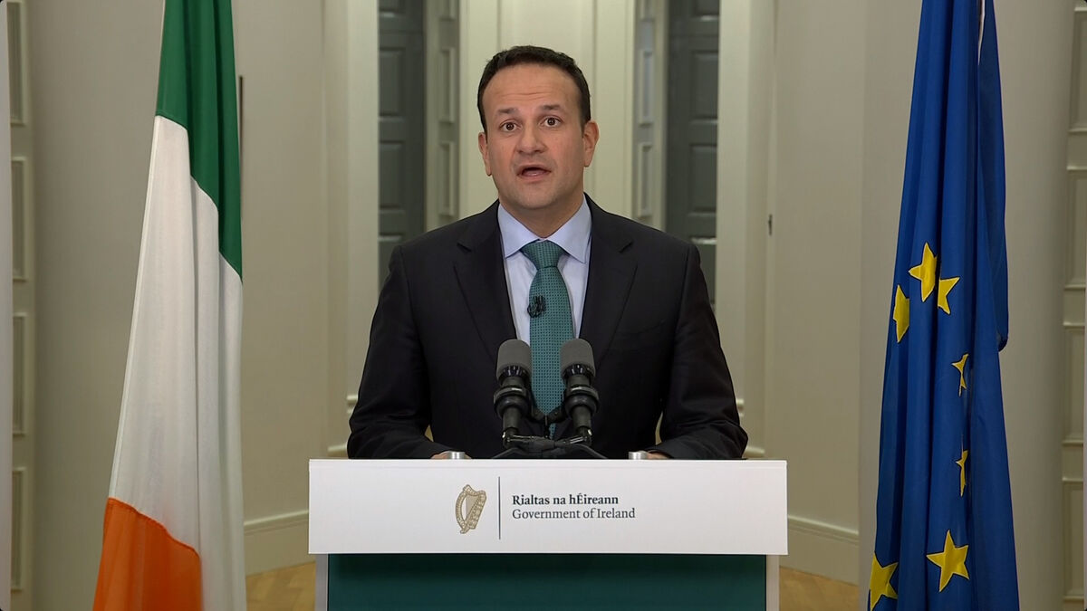 Former Taoiseach Leo Varadkar making his address to the nation in a  live broadcast las St Patrick's Day. Photo credit: RTE/PA Wire
