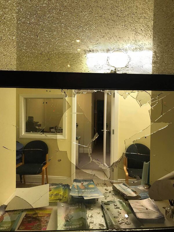 The window of Senator Colm Burke's office in Blackpool had a window brick thrown through it on Sunday night. 
