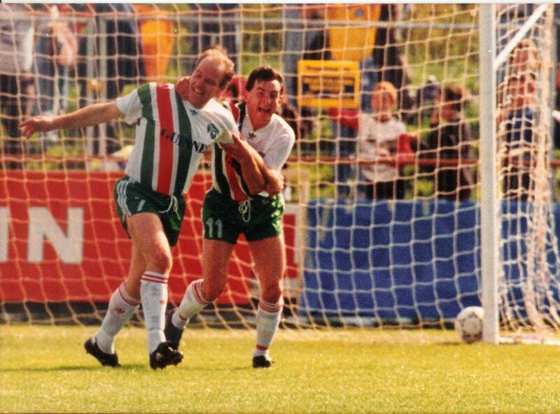 Dave Barry celebrates putting Cork City ahead of Bayern Munich with John Caulfield. Dave Barry celebrates putting Cork City ahead of Bayern Munich with John Caulfield.