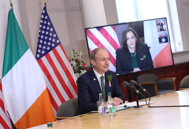 Taoiseach Micheal Martin speaking with United States Vice President Kamala Harris via video link in the Governemnt Buildings, Dublin, to mark St Patrick's Day. PA Photo. Picture date: Wednesday March 17, 2021. Photo: Julien Behal Photography/PA Wire Taoiseach Micheal Martin speaking with United States Vice President Kamala Harris via video link in the Governemnt Buildings, Dublin, to mark St Patrick's Day. PA Photo. Picture date: Wednesday March 17, 2021. Photo: Julien Behal Photography/PA Wire