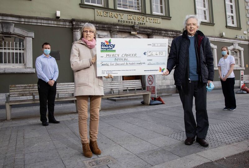 Dan Butler and his wife Celia Butler with Dr Derek Power and Maria O’Connor, Mercy University Hospital Picture: Darragh Kane Dan Butler and his wife Celia Butler with Dr Derek Power and Maria O’Connor, Mercy University Hospital Picture: Darragh Kane