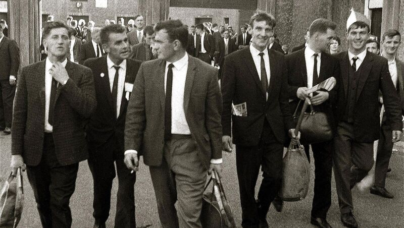 Tom O’Donoghue, third from left, striding out of Croke Park after Cork’s unexpected win over Kilkenny in 1966 All-Ireland final. With Tom were: Peter Doolan, Colm Sheehan, Ger O’Leary and Michael O’Halloran, father of current Cork panel member of the same name on right. Picture: Kevin Cummins Tom O’Donoghue, third from left, striding out of Croke Park after Cork’s unexpected win over Kilkenny in 1966 All-Ireland final. With Tom were: Peter Doolan, Colm Sheehan, Ger O’Leary and Michael O’Halloran, father of current Cork panel member of the same name on right. Picture: Kevin Cummins