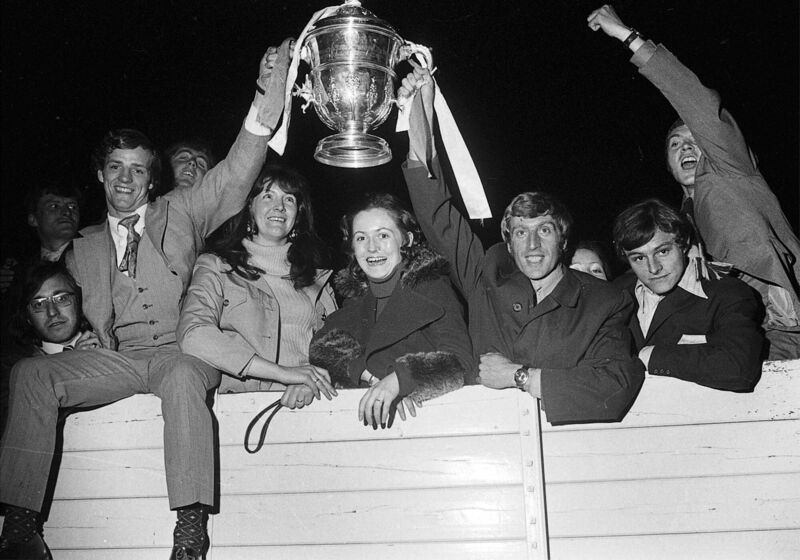 FAI Cup Final hat-trick hero Miah Dennehy, left, celebrates with his captain Dave Bacuzzi following the team's homecoming in 1972. FAI Cup Final hat-trick hero Miah Dennehy, left, celebrates with his captain Dave Bacuzzi following the team's homecoming in 1972.