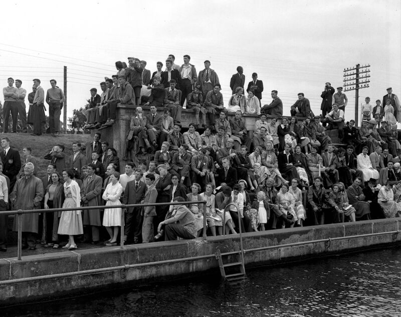 Watching the action at the National Swimming Championships at the Lee Baths in April 1957. 