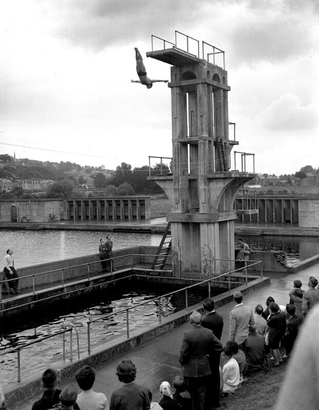 High diving at the National Swimming Championships at the Lee Baths in April 1957. 