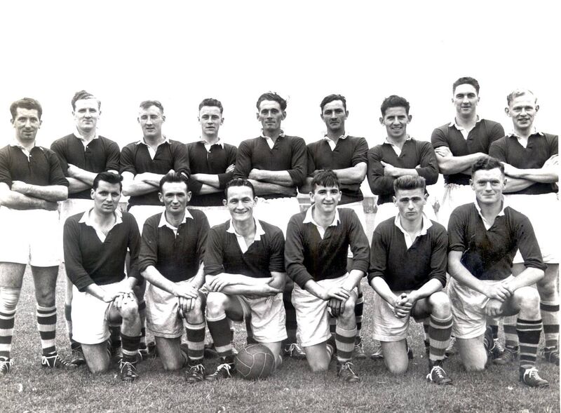 The Cork team which defeated Limerick in the Munster Junior Championship final in 1957. Back: Kevin McCarthy, Tony O'Sullivan, Eoin O'Connell, Georgie McCarthy, Dan Hourigan, Con 'Paddy' O'Sullivan, Joe McAuliffe, John O'Driscoll, Dermot O'Herlihy. Front: Diarmuid O'Donovan, Owen McAuliffe, Jimmy Brohan, Martin Thompson, Willie O'Leary, Dick Troy.